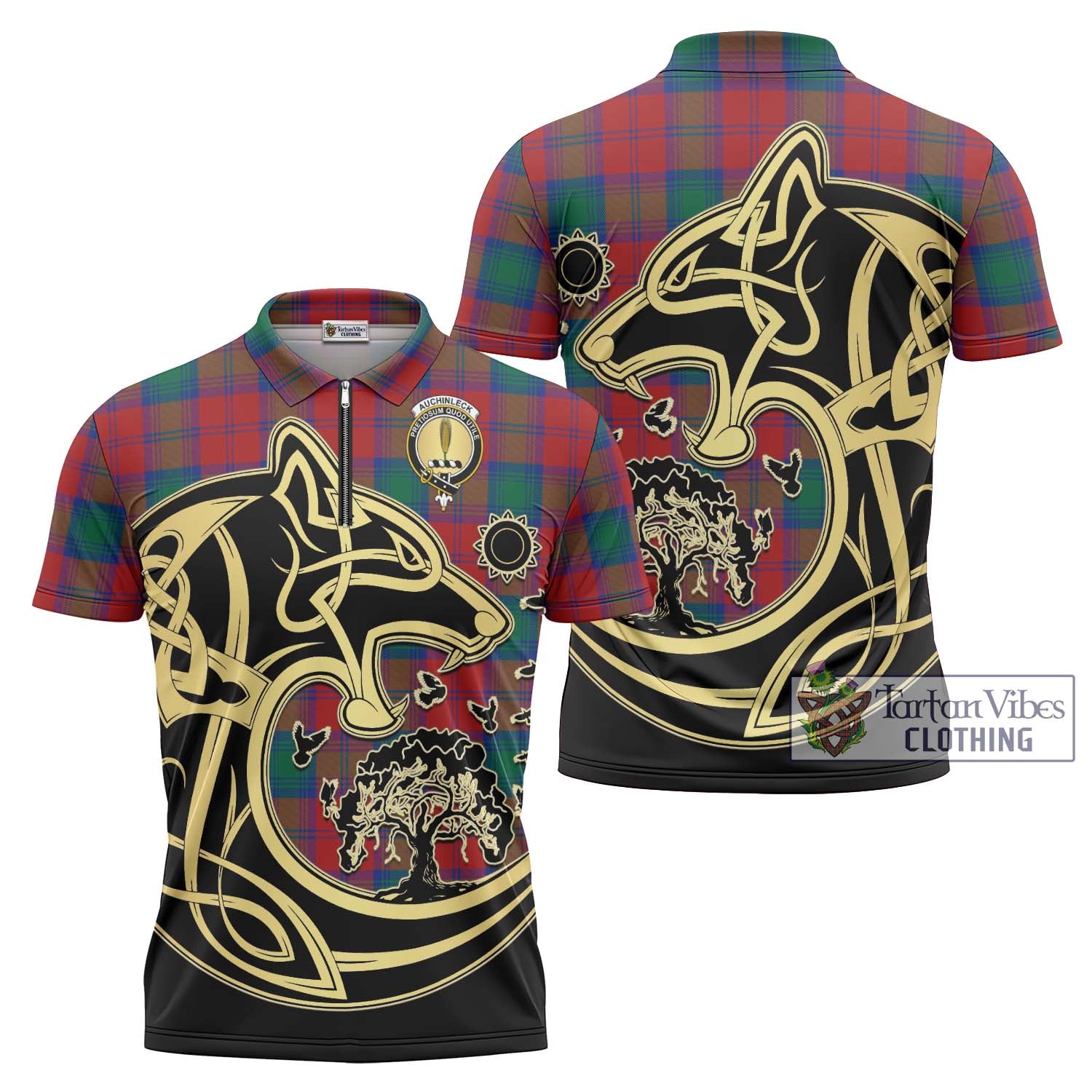 Tartan Vibes Clothing Auchinleck Tartan Zipper Polo Shirt with Family Crest Celtic Wolf Style