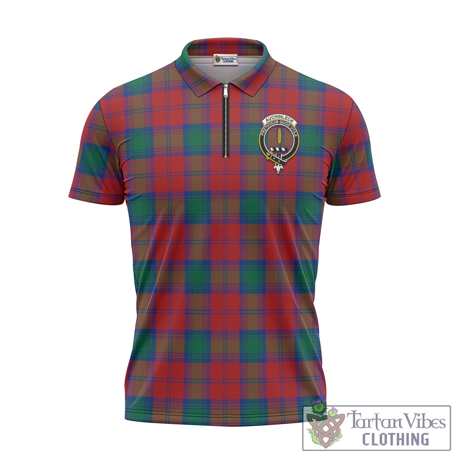 Tartan Vibes Clothing Auchinleck Tartan Zipper Polo Shirt with Family Crest