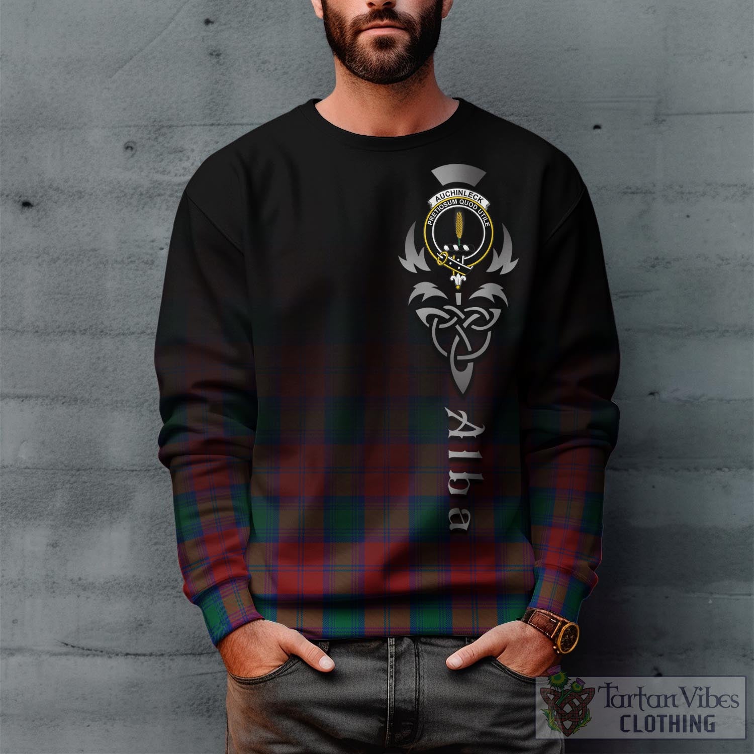 Tartan Vibes Clothing Auchinleck Tartan Sweatshirt Featuring Alba Gu Brath Family Crest Celtic Inspired