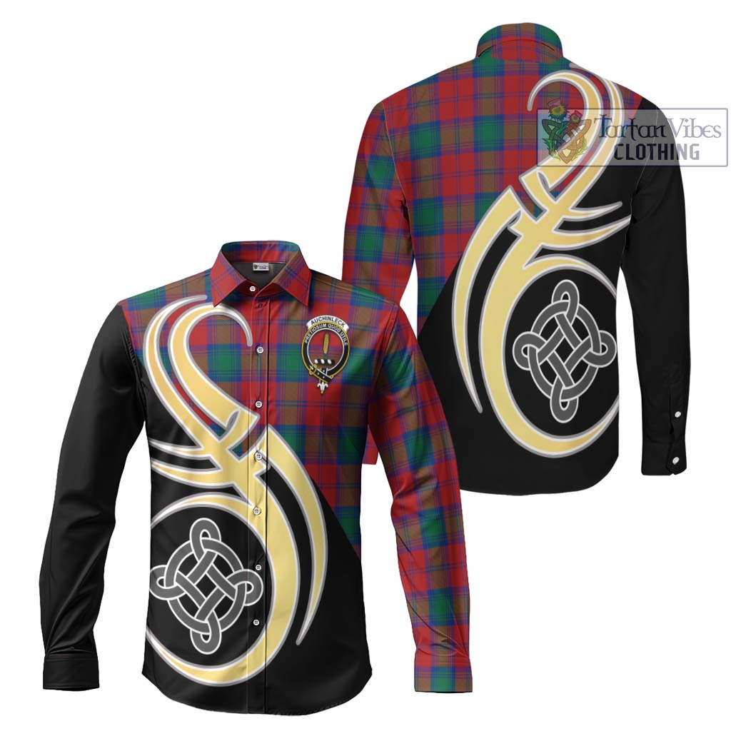 Tartan Vibes Clothing Auchinleck Tartan Long Sleeve Button Shirt with Family Crest and Celtic Symbol Style