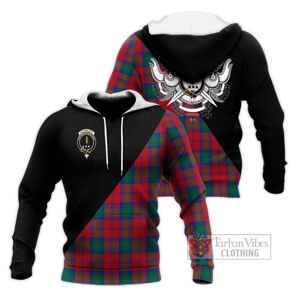 Tartan Vibes Clothing Auchinleck Tartan Knitted Hoodie with Family Crest and Military Logo Style