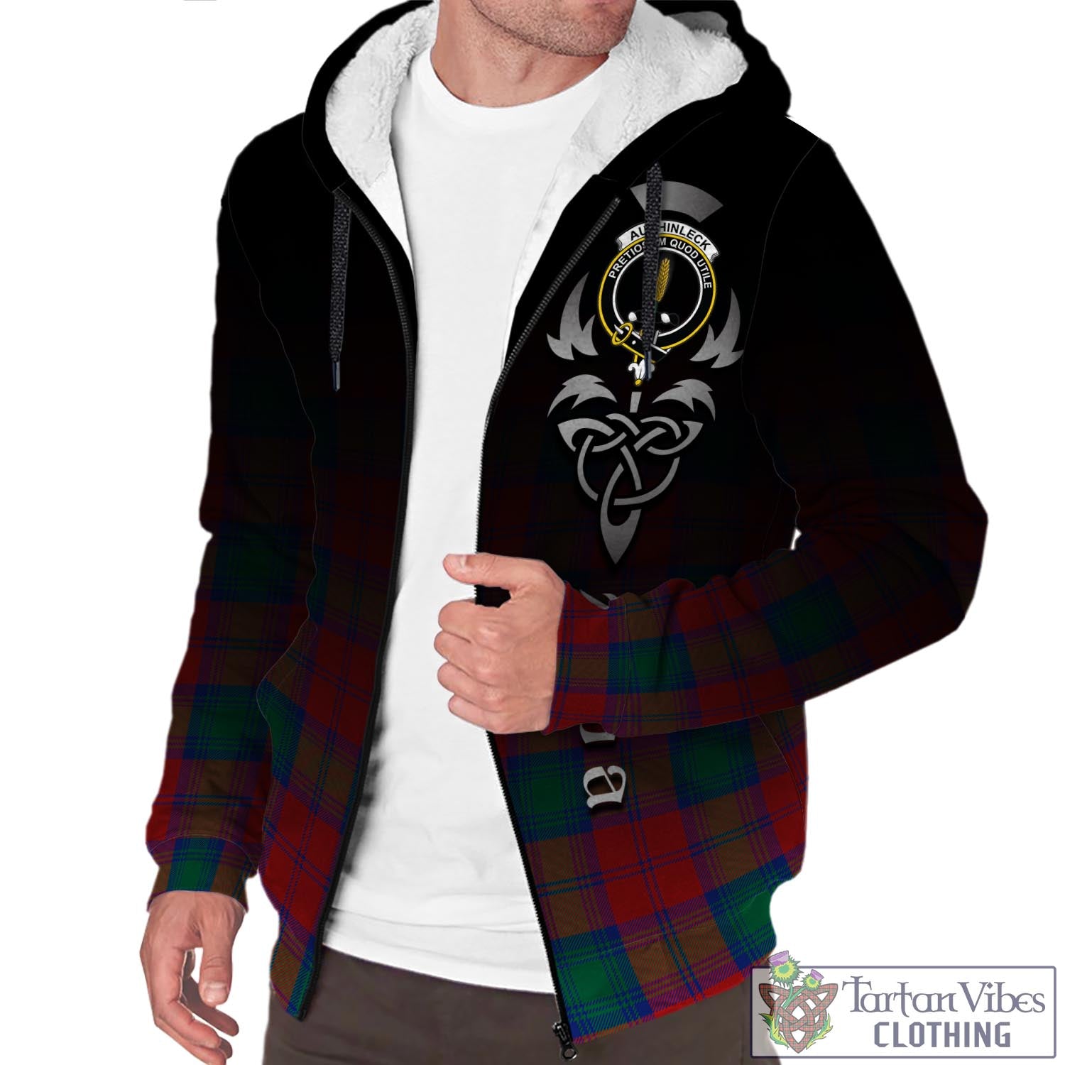 Tartan Vibes Clothing Auchinleck Tartan Sherpa Hoodie Featuring Alba Gu Brath Family Crest Celtic Inspired