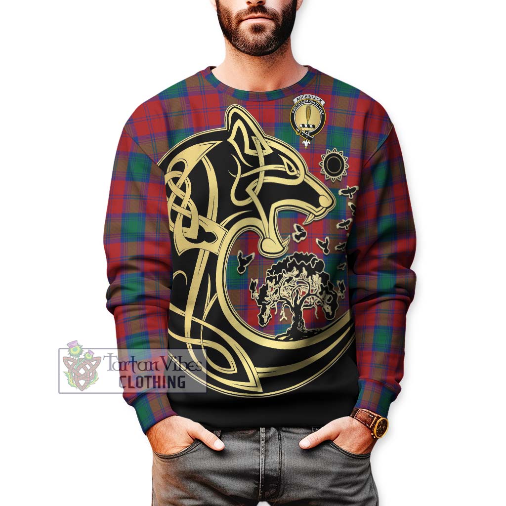 Tartan Vibes Clothing Auchinleck Tartan Sweatshirt with Family Crest Celtic Wolf Style