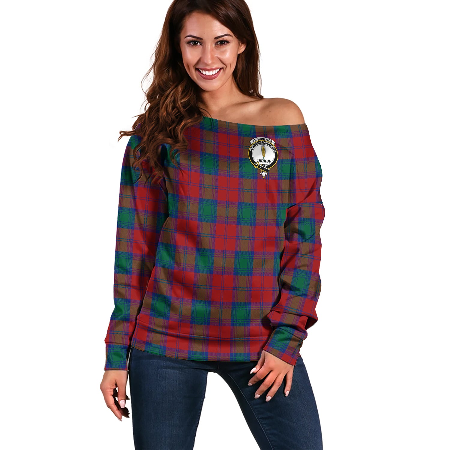 Auchinleck Tartan Off Shoulder Women Sweater with Family Crest Women - Tartanvibesclothing