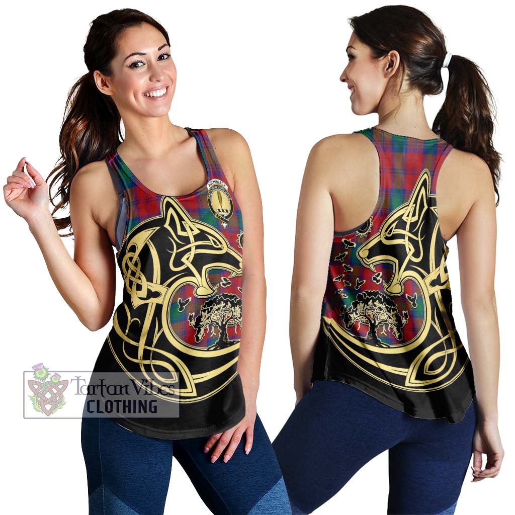 Tartan Vibes Clothing Auchinleck Tartan Women's Racerback Tanks with Family Crest Celtic Wolf Style