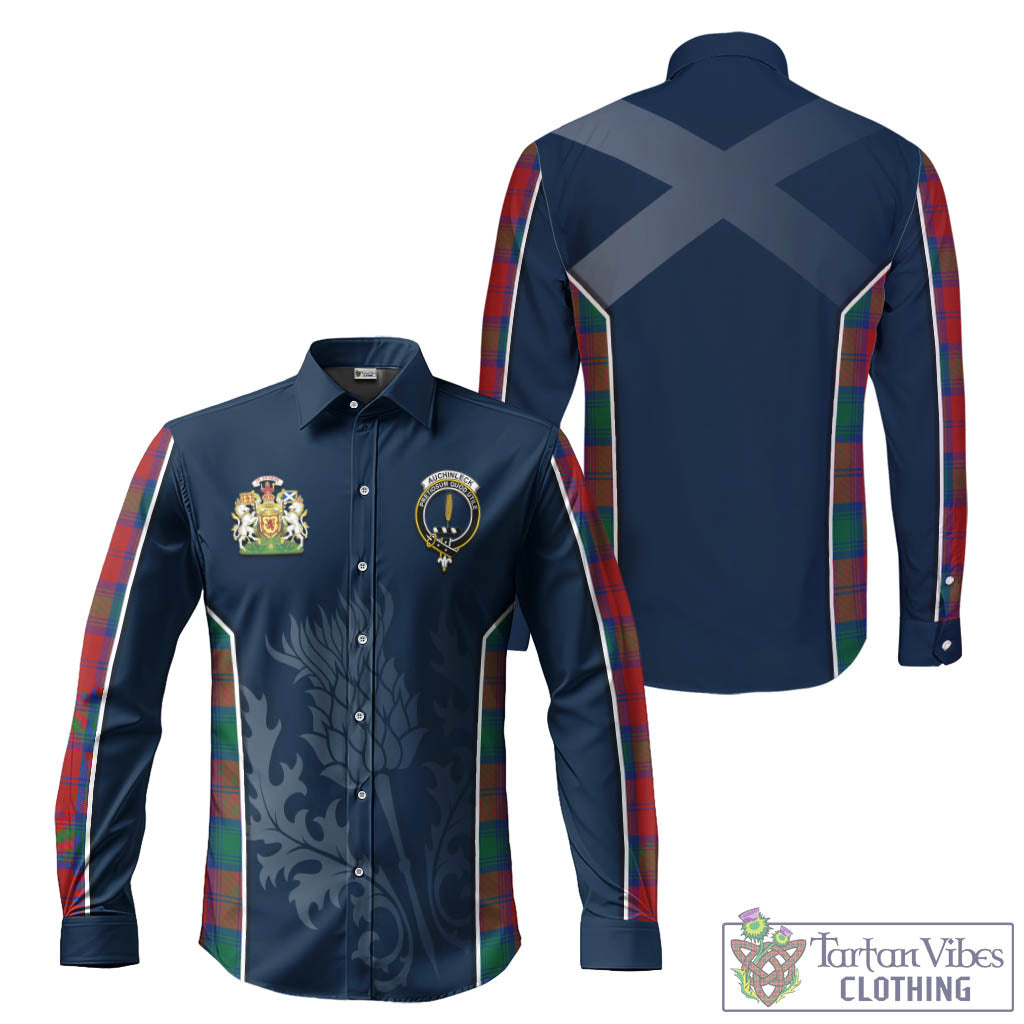 Tartan Vibes Clothing Auchinleck Tartan Long Sleeve Button Up Shirt with Family Crest and Scottish Thistle Vibes Sport Style