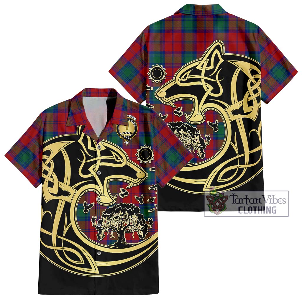 Tartan Vibes Clothing Auchinleck Tartan Short Sleeve Button Shirt with Family Crest Celtic Wolf Style