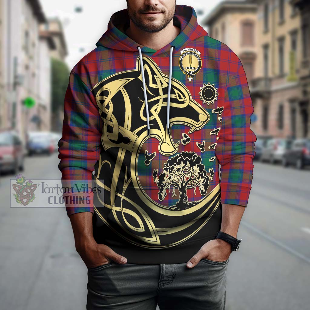 Tartan Vibes Clothing Auchinleck Tartan Hoodie with Family Crest Celtic Wolf Style