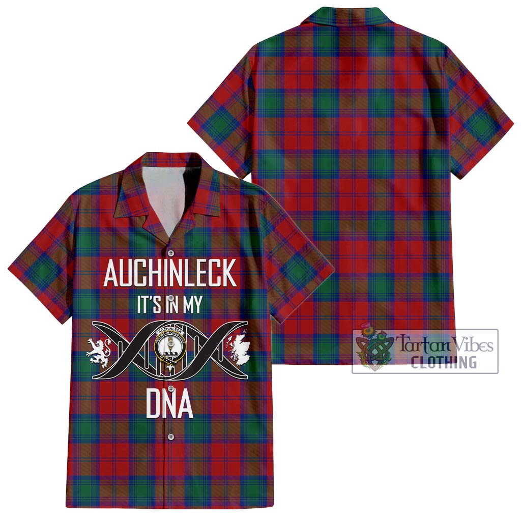 Tartan Vibes Clothing Auchinleck Tartan Short Sleeve Button Shirt with Family Crest DNA In Me Style