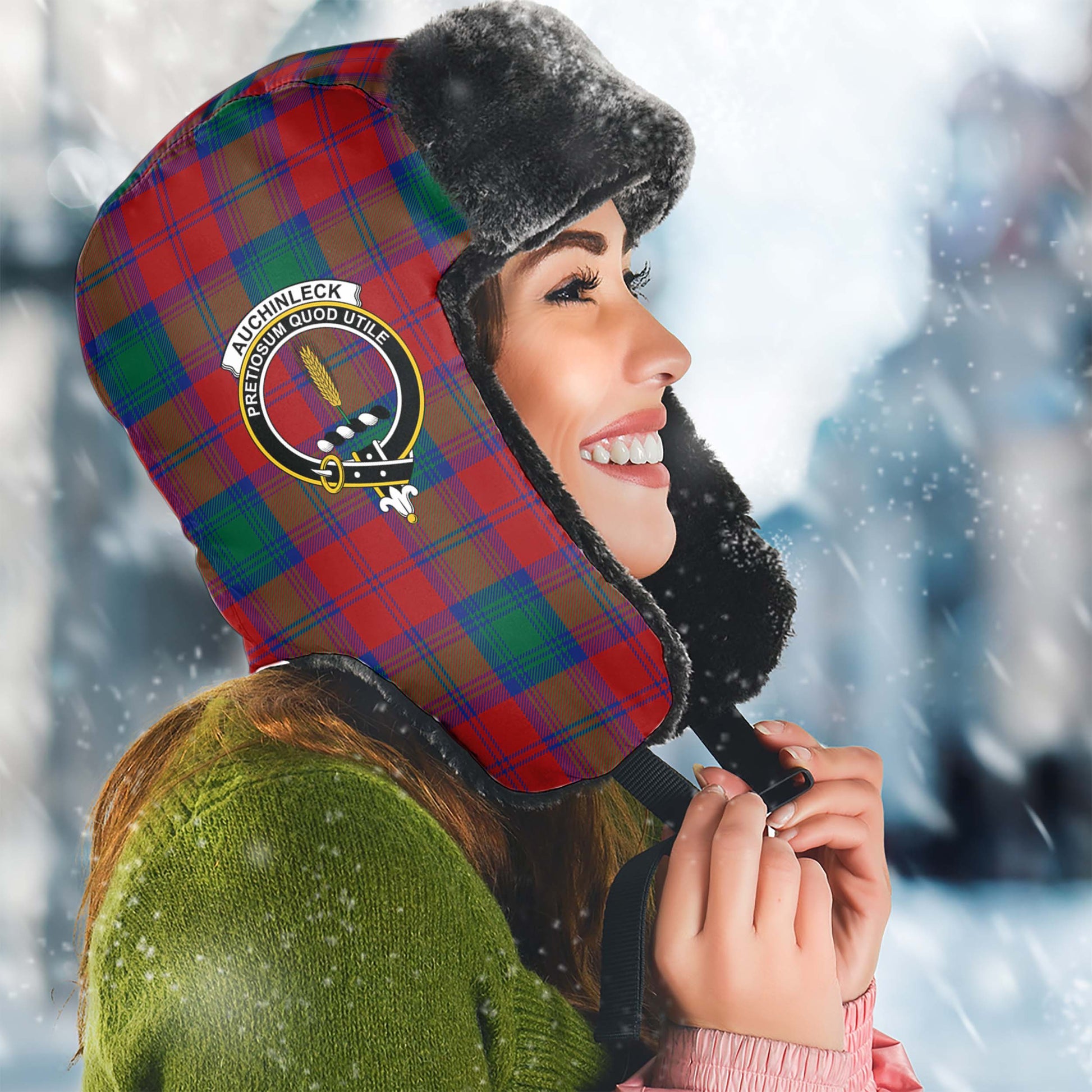 Auchinleck Tartan Winter Trapper Hat with Family Crest Winter Trapper Hat Universal Fit Circumference 22.8in (58cm) - Tartanvibesclothing