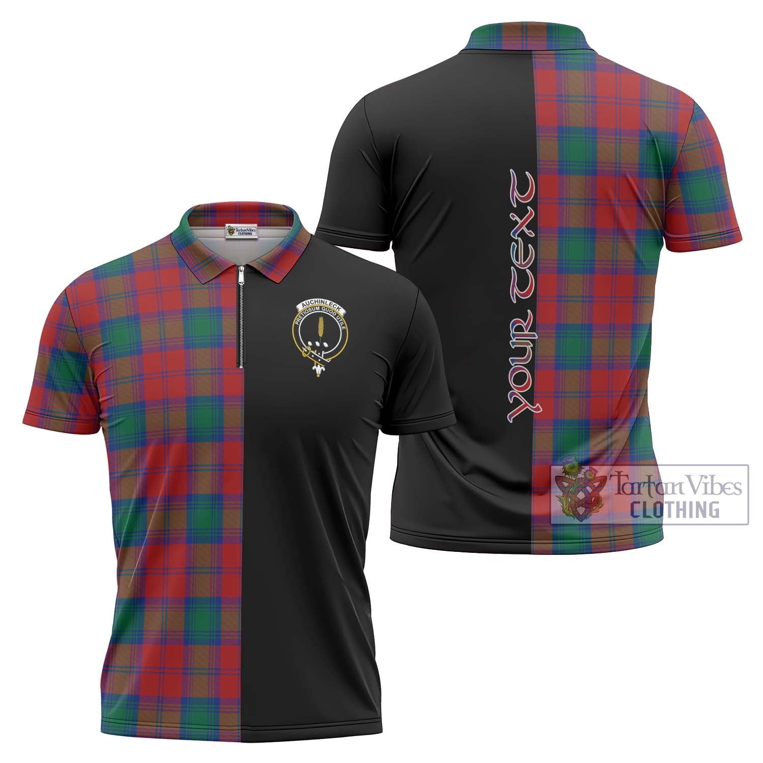 Tartan Vibes Clothing Auchinleck Tartan Zipper Polo Shirt with Family Crest and Half Of Me Style