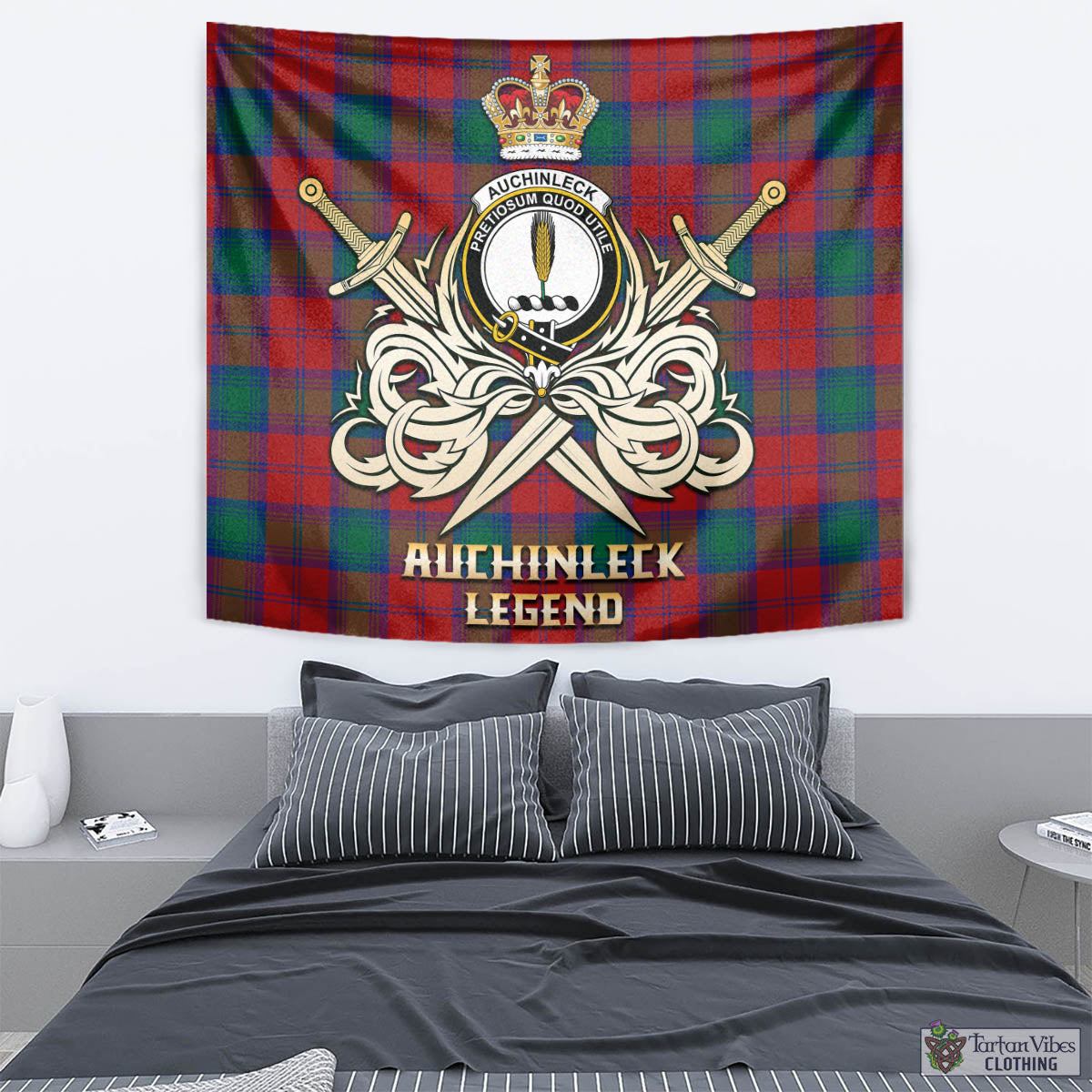 Tartan Vibes Clothing Auchinleck Tartan Tapestry with Clan Crest and the Golden Sword of Courageous Legacy