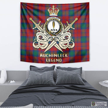 Auchinleck (Affleck) Tartan Tapestry with Clan Crest and the Golden Sword of Courageous Legacy