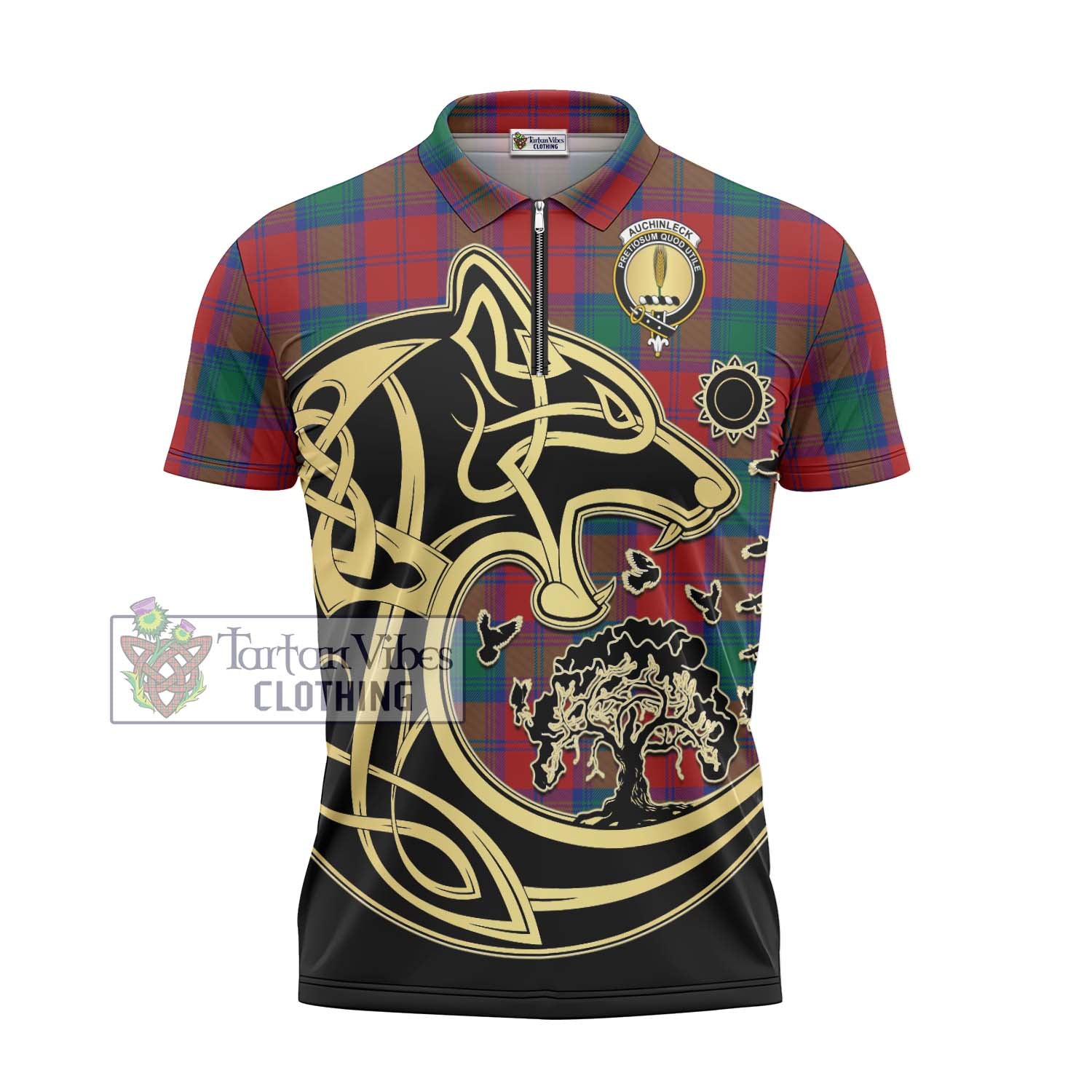 Tartan Vibes Clothing Auchinleck Tartan Zipper Polo Shirt with Family Crest Celtic Wolf Style