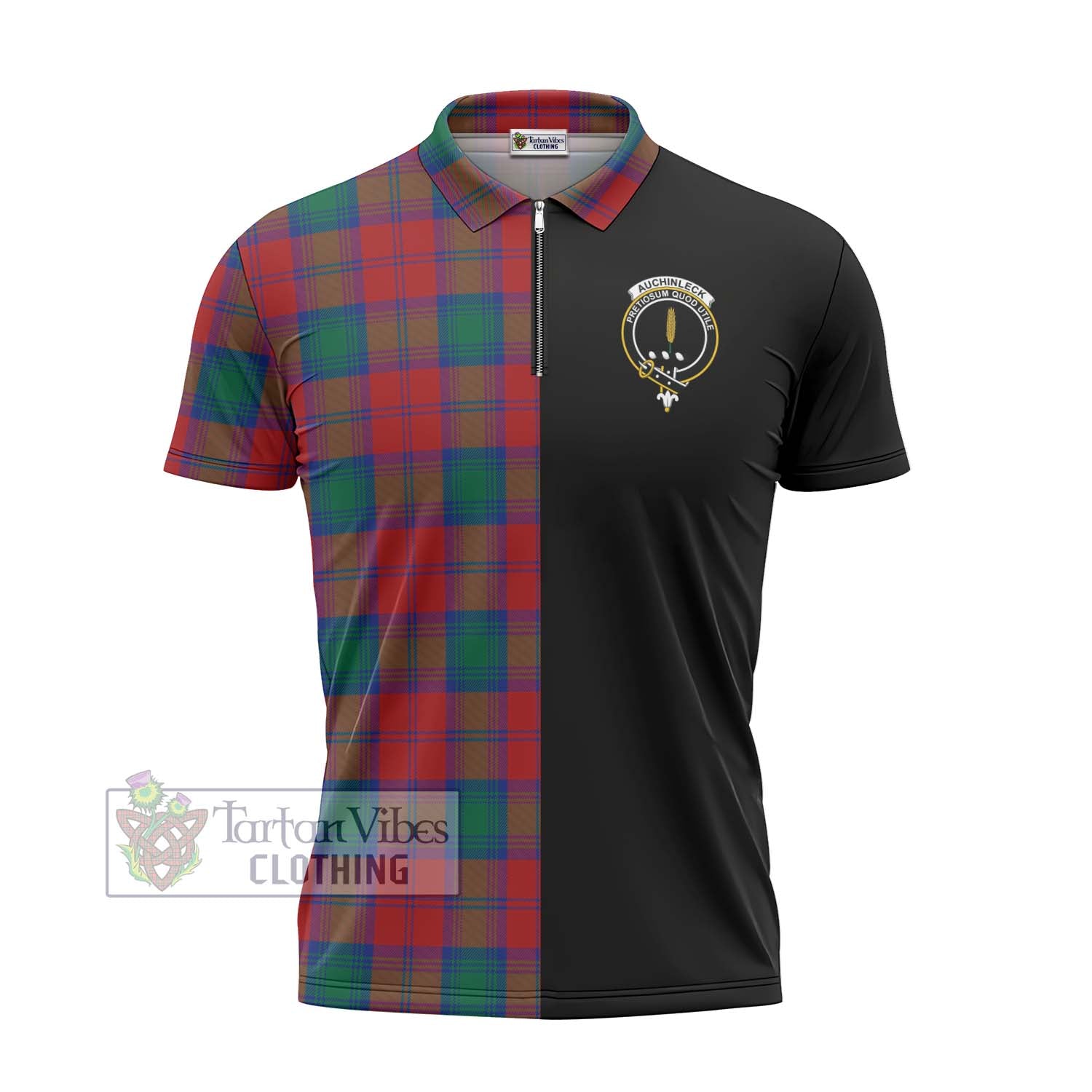 Tartan Vibes Clothing Auchinleck Tartan Zipper Polo Shirt with Family Crest and Half Of Me Style