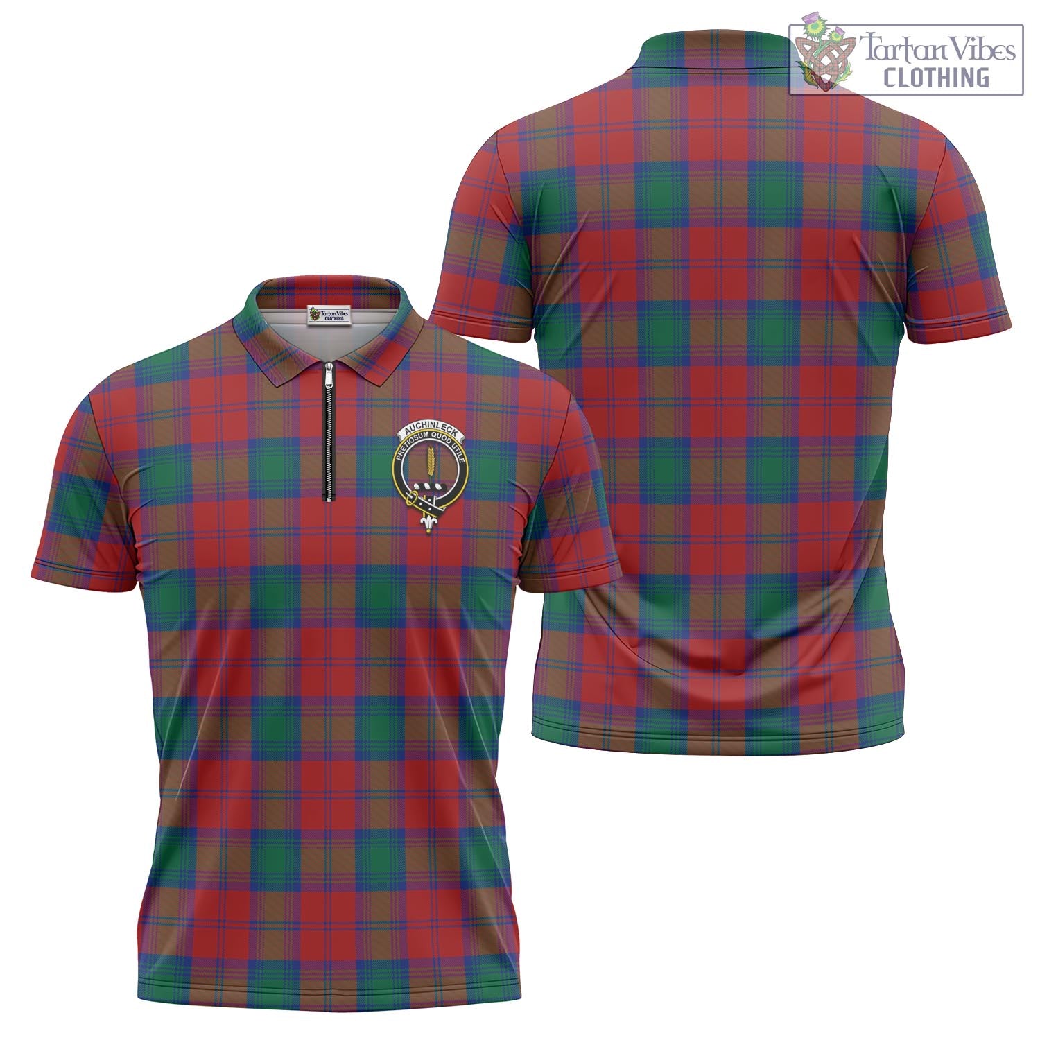 Tartan Vibes Clothing Auchinleck Tartan Zipper Polo Shirt with Family Crest