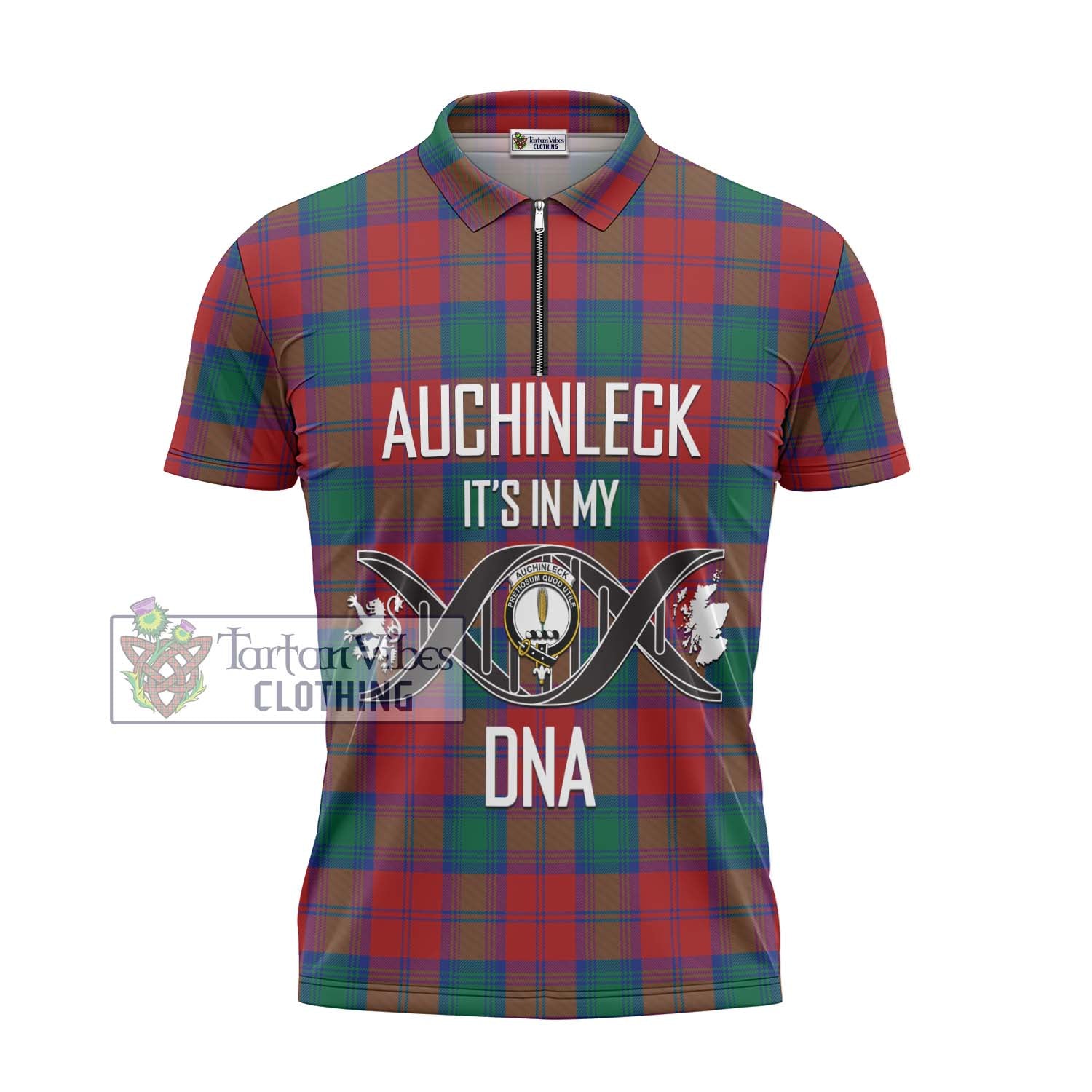 Tartan Vibes Clothing Auchinleck Tartan Zipper Polo Shirt with Family Crest DNA In Me Style