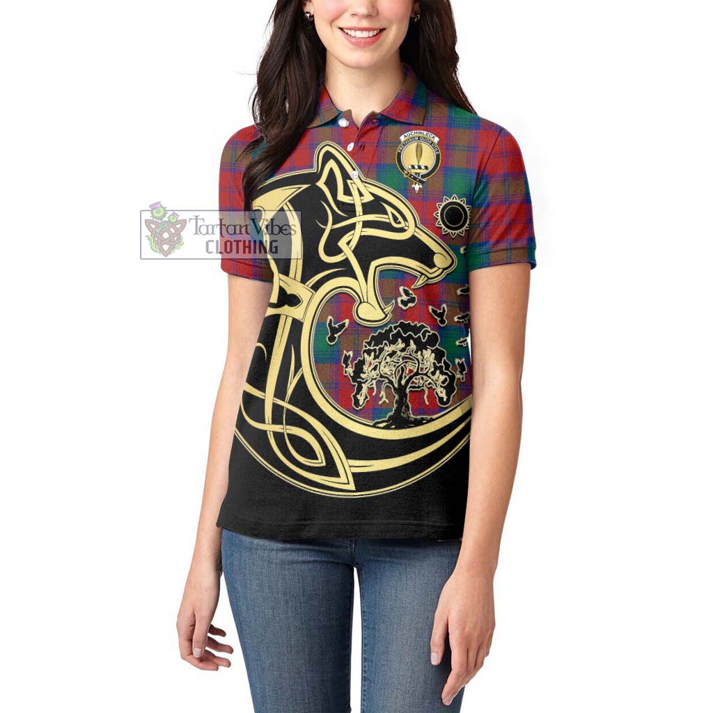 Tartan Vibes Clothing Auchinleck Tartan Women's Polo Shirt with Family Crest Celtic Wolf Style