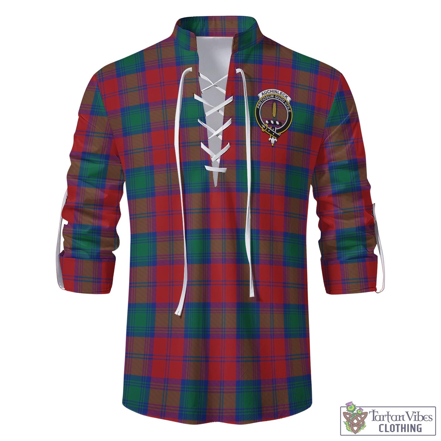 Tartan Vibes Clothing Auchinleck Tartan Men's Scottish Traditional Jacobite Ghillie Kilt Shirt with Family Crest