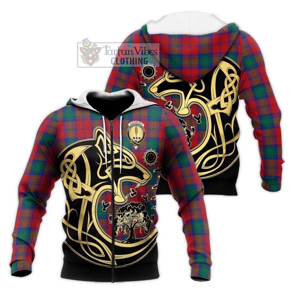 Tartan Vibes Clothing Auchinleck Tartan Knitted Hoodie with Family Crest Celtic Wolf Style