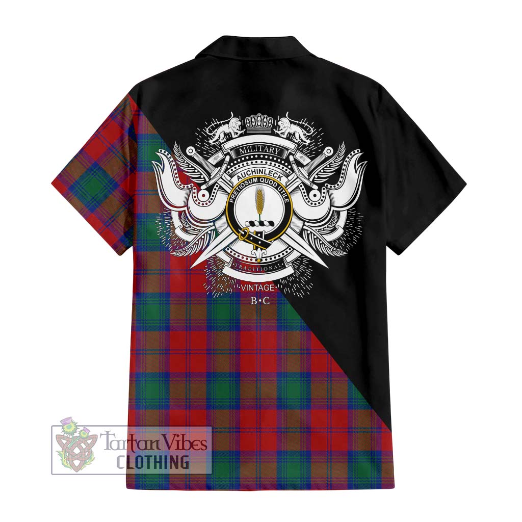 Tartan Vibes Clothing Auchinleck Tartan Short Sleeve Button Shirt with Family Crest and Military Logo Style