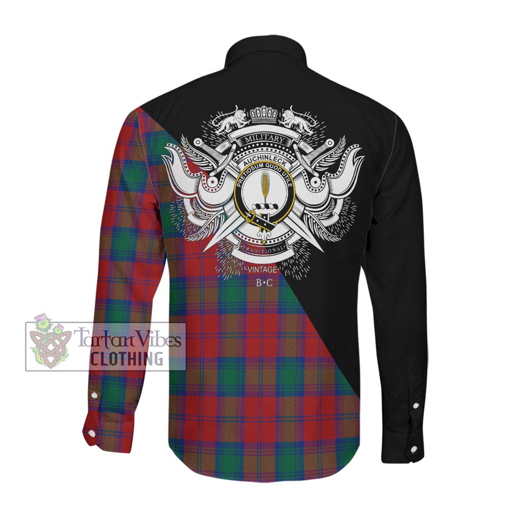 Tartan Vibes Clothing Auchinleck Tartan Long Sleeve Button Shirt with Family Crest and Military Logo Style