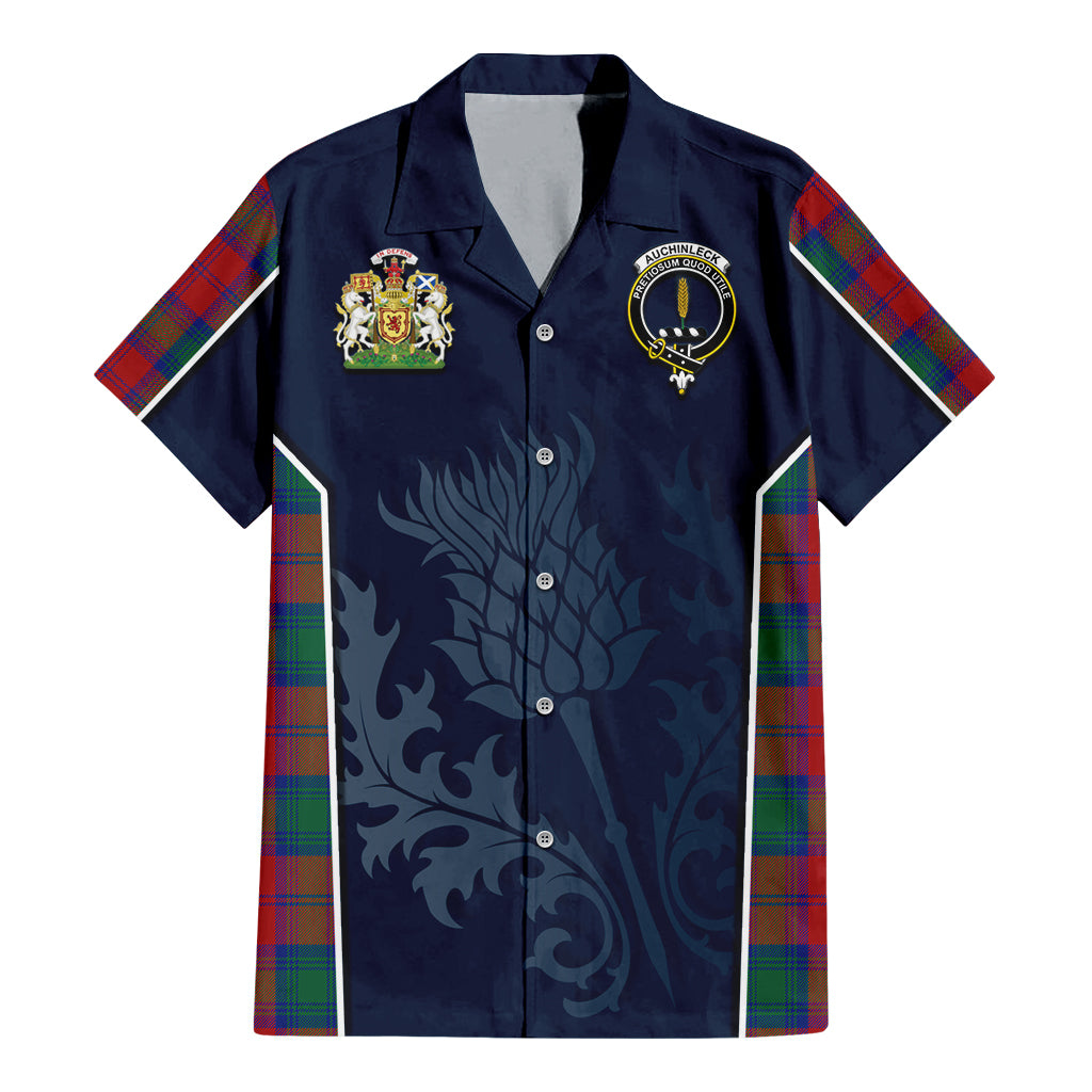 Tartan Vibes Clothing Auchinleck Tartan Short Sleeve Button Up Shirt with Family Crest and Scottish Thistle Vibes Sport Style