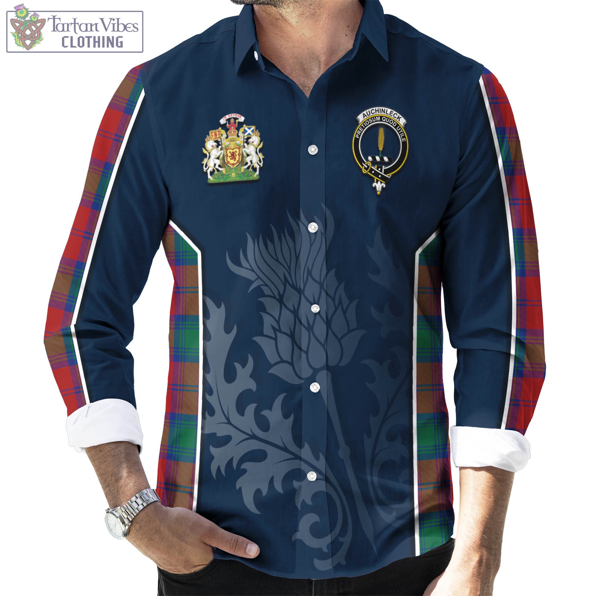 Tartan Vibes Clothing Auchinleck Tartan Long Sleeve Button Up Shirt with Family Crest and Scottish Thistle Vibes Sport Style