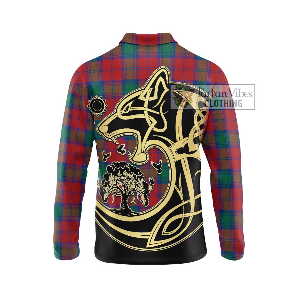 Tartan Vibes Clothing Auchinleck Tartan Long Sleeve Polo Shirt with Family Crest Celtic Wolf Style