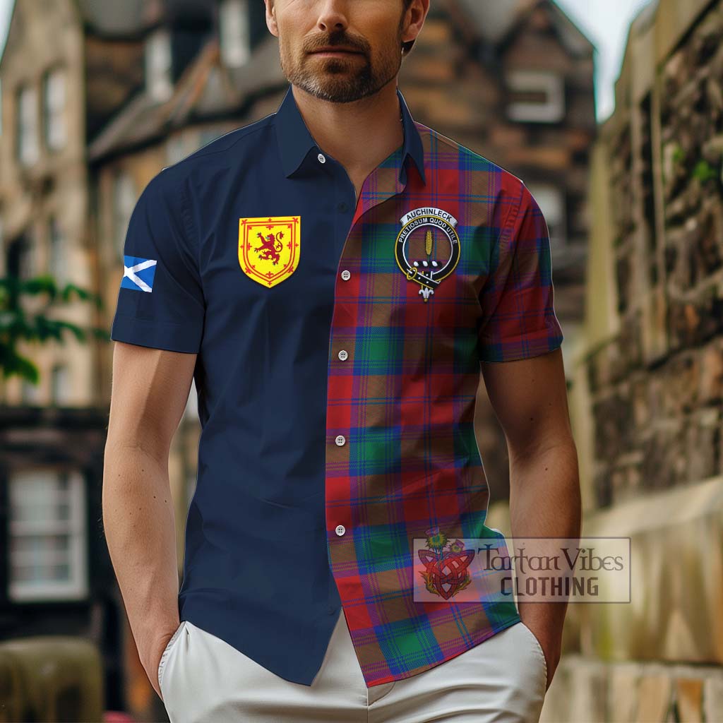 Tartan Vibes Clothing Auchinleck Tartan Short Sleeve Button Shirt with Scottish Lion Royal Arm Half Style