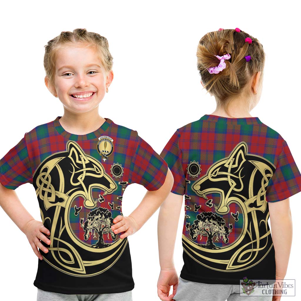 Tartan Vibes Clothing Auchinleck Tartan Kid T-Shirt with Family Crest Celtic Wolf Style