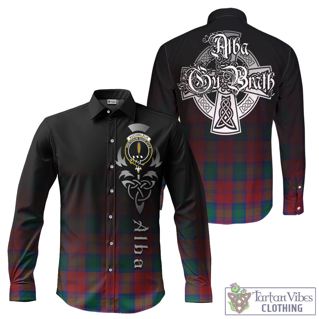 Tartan Vibes Clothing Auchinleck Tartan Long Sleeve Button Up Featuring Alba Gu Brath Family Crest Celtic Inspired