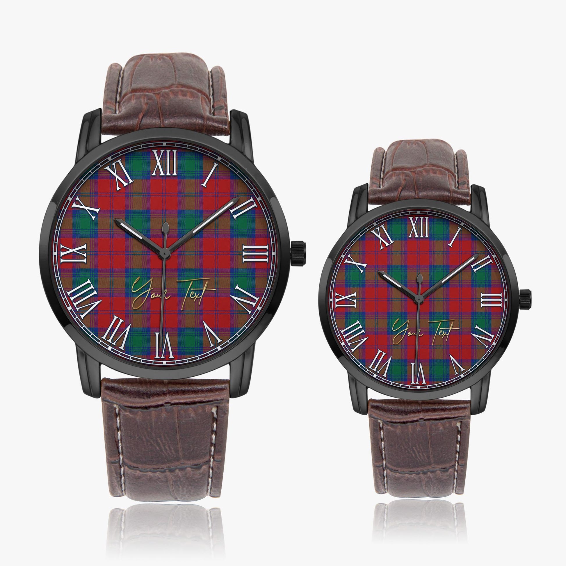 Auchinleck Tartan Personalized Your Text Leather Trap Quartz Watch Wide Type Black Case With Brown Leather Strap - Tartanvibesclothing