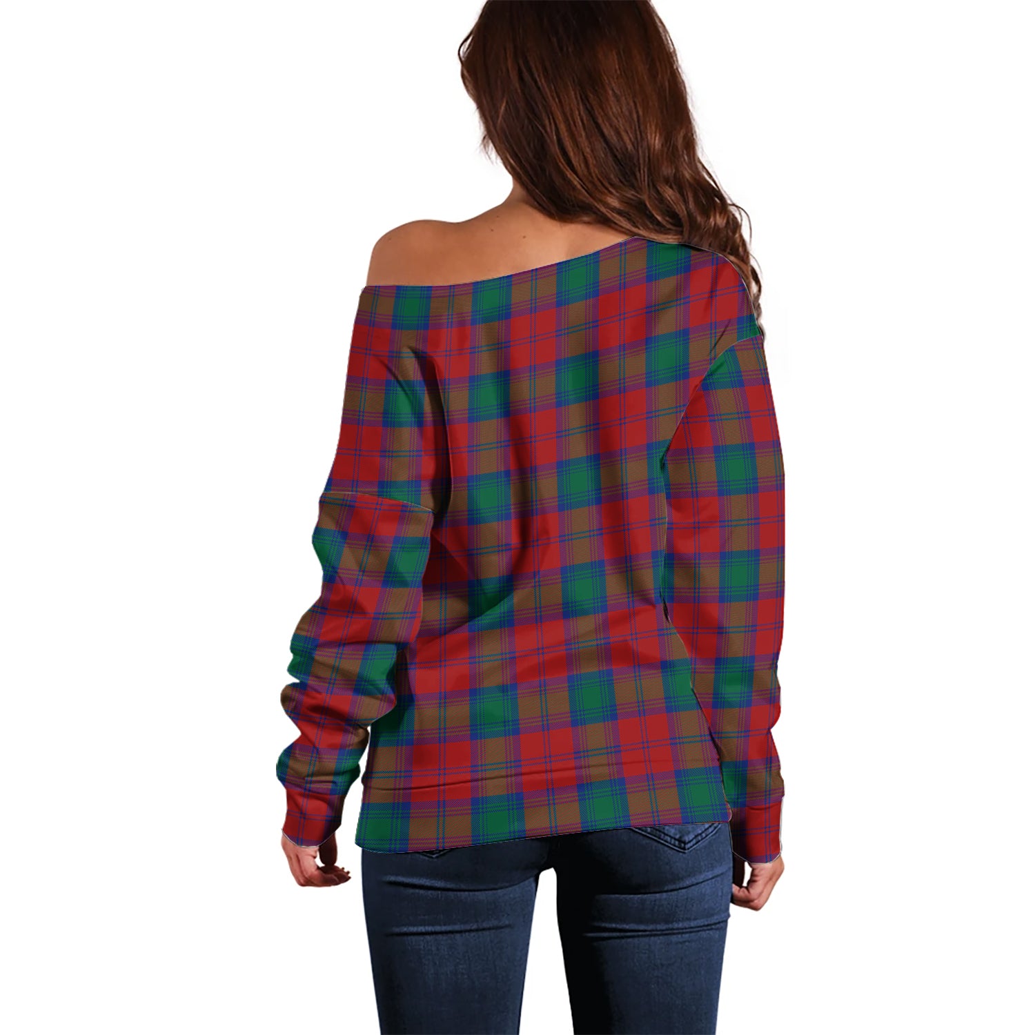 Auchinleck Tartan Off Shoulder Women Sweater with Family Crest - Tartanvibesclothing