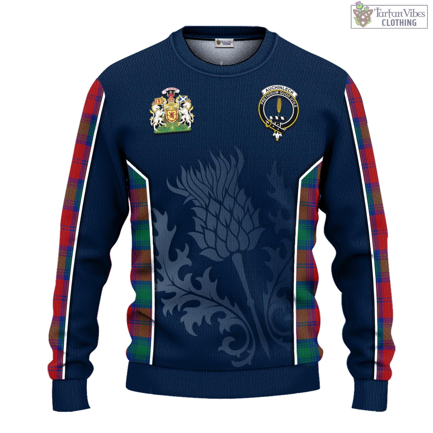 Tartan Vibes Clothing Auchinleck Tartan Knitted Sweatshirt with Family Crest and Scottish Thistle Vibes Sport Style