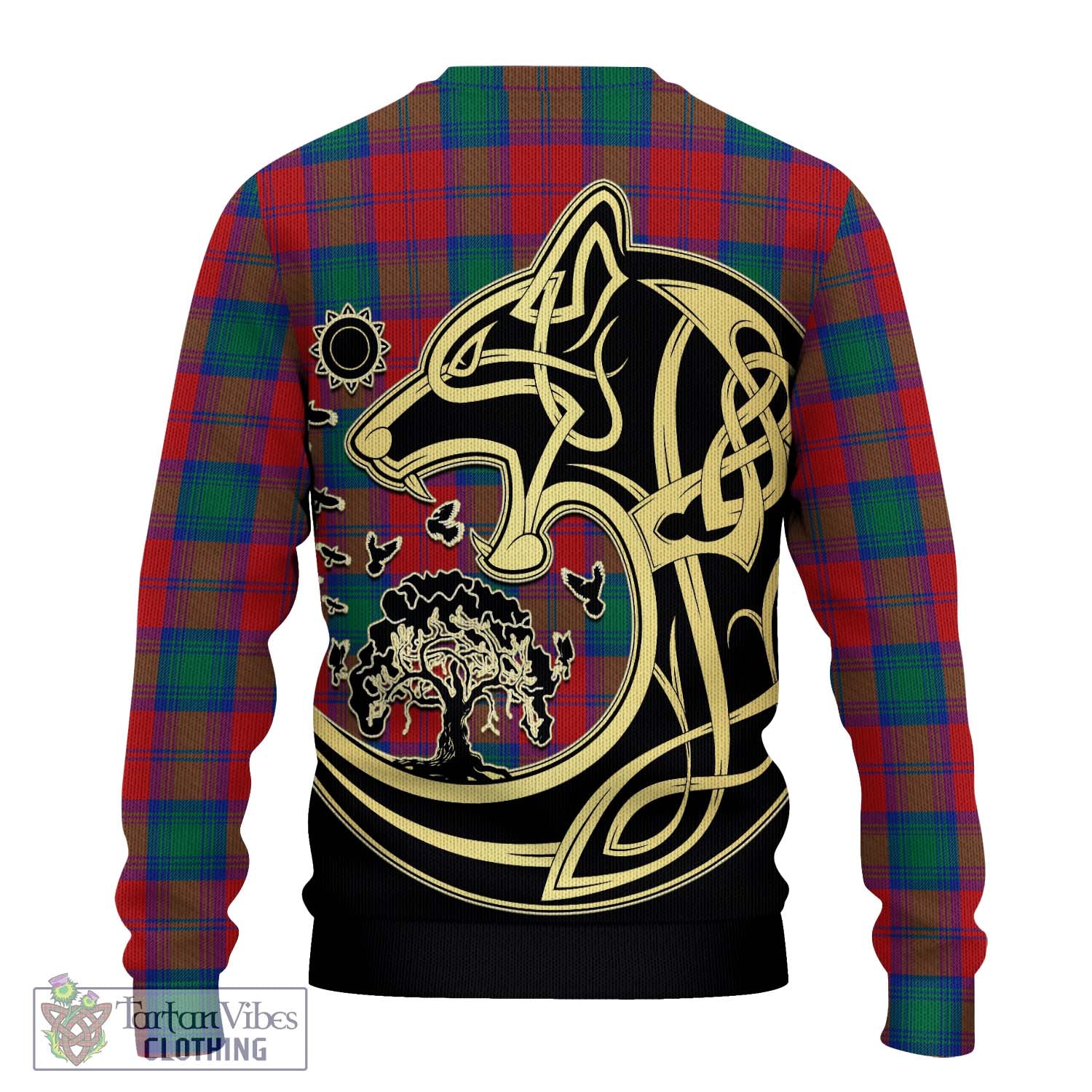 Tartan Vibes Clothing Auchinleck Tartan Knitted Sweater with Family Crest Celtic Wolf Style