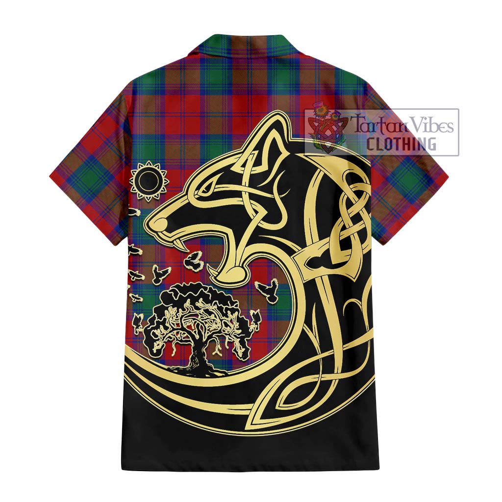 Tartan Vibes Clothing Auchinleck Tartan Short Sleeve Button Shirt with Family Crest Celtic Wolf Style