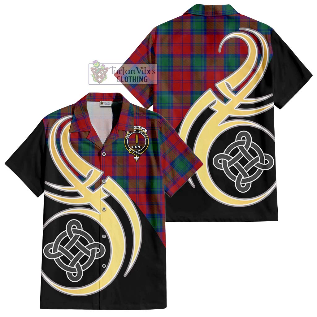 Tartan Vibes Clothing Auchinleck Tartan Short Sleeve Button Shirt with Family Crest and Celtic Symbol Style