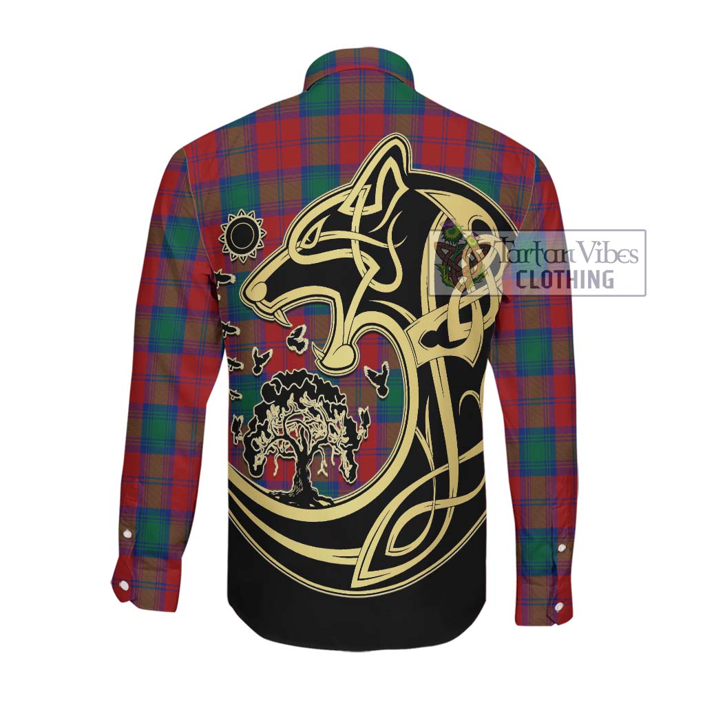 Tartan Vibes Clothing Auchinleck Tartan Long Sleeve Button Shirt with Family Crest Celtic Wolf Style