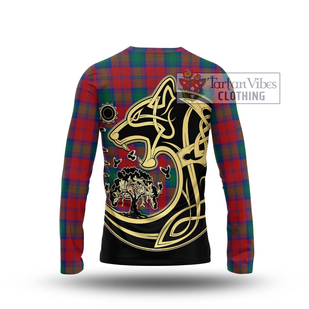 Tartan Vibes Clothing Auchinleck Tartan Long Sleeve T-Shirt with Family Crest Celtic Wolf Style