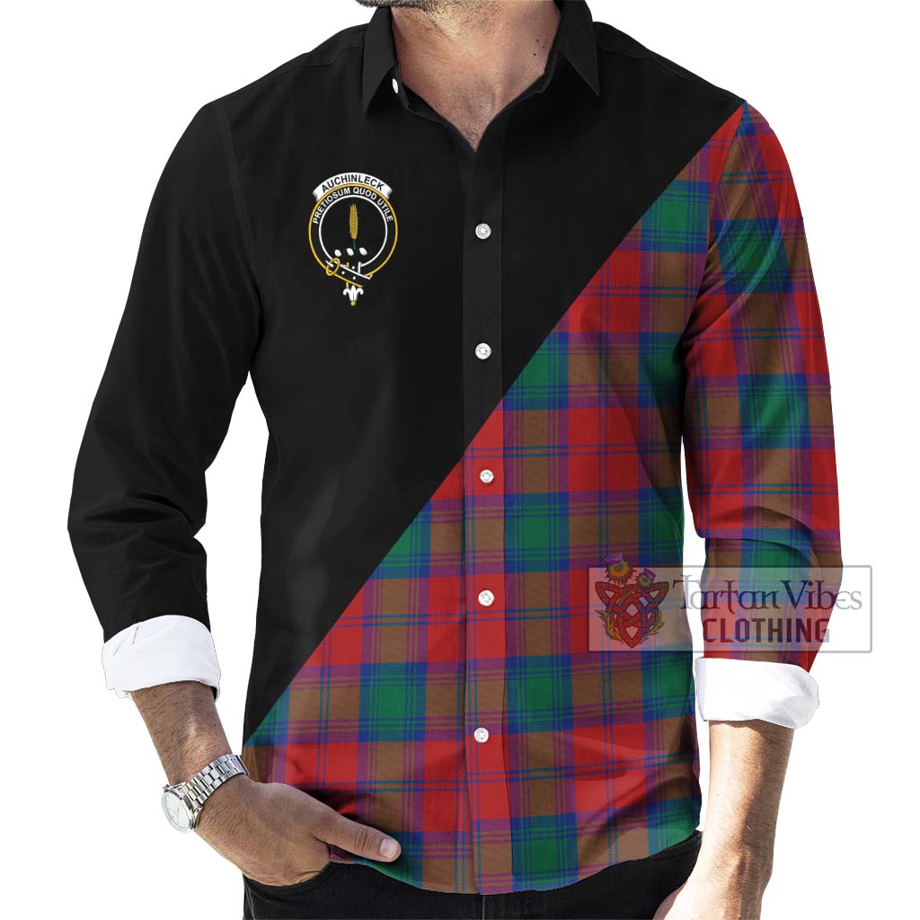 Tartan Vibes Clothing Auchinleck Tartan Long Sleeve Button Shirt with Family Crest and Military Logo Style