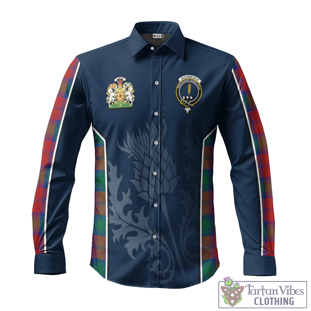 Tartan Vibes Clothing Auchinleck Tartan Long Sleeve Button Up Shirt with Family Crest and Scottish Thistle Vibes Sport Style