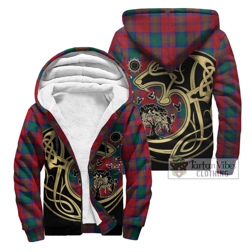 Tartan Vibes Clothing Auchinleck Tartan Sherpa Hoodie with Family Crest Celtic Wolf Style