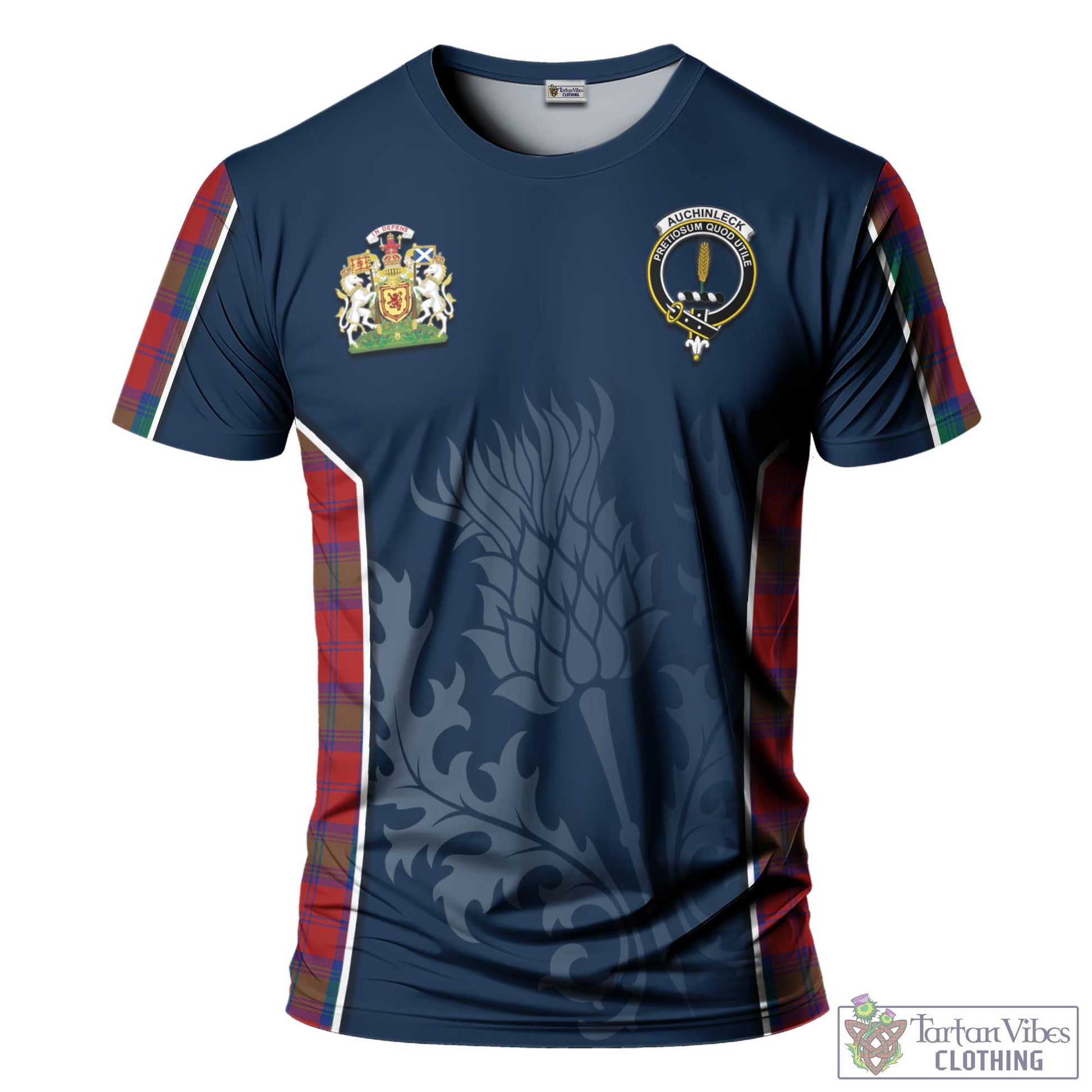 Tartan Vibes Clothing Auchinleck Tartan T-Shirt with Family Crest and Scottish Thistle Vibes Sport Style