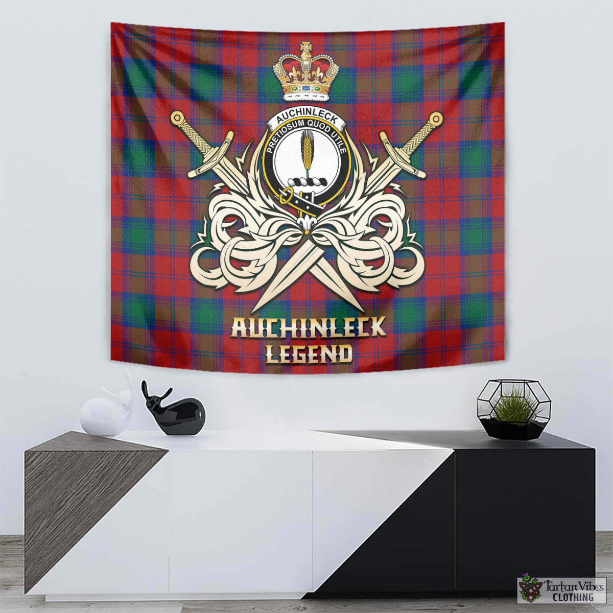 Tartan Vibes Clothing Auchinleck Tartan Tapestry with Clan Crest and the Golden Sword of Courageous Legacy