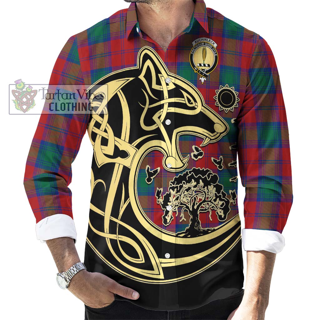 Tartan Vibes Clothing Auchinleck Tartan Long Sleeve Button Shirt with Family Crest Celtic Wolf Style