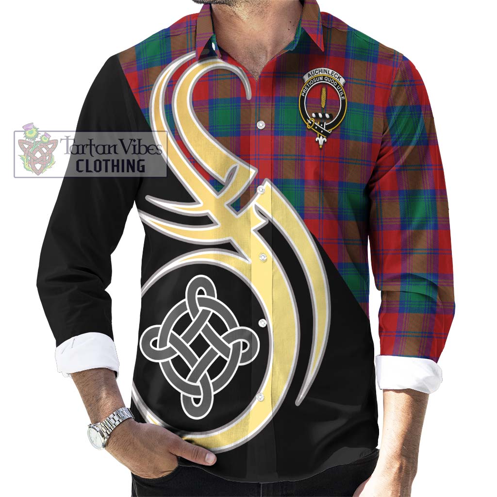 Tartan Vibes Clothing Auchinleck Tartan Long Sleeve Button Shirt with Family Crest and Celtic Symbol Style