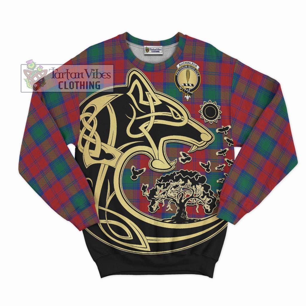 Tartan Vibes Clothing Auchinleck Tartan Sweatshirt with Family Crest Celtic Wolf Style