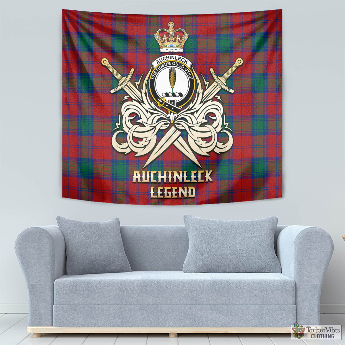 Tartan Vibes Clothing Auchinleck Tartan Tapestry with Clan Crest and the Golden Sword of Courageous Legacy