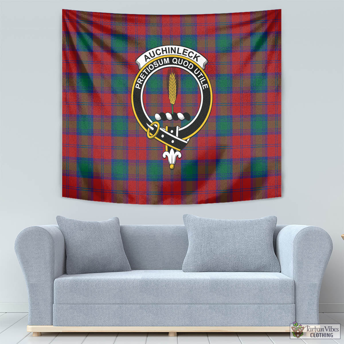 Tartan Vibes Clothing Auchinleck Tartan Tapestry Wall Hanging and Home Decor for Room with Family Crest